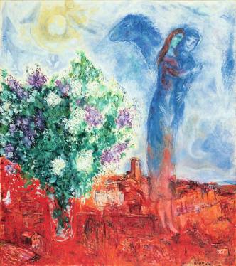 Marc Chagall, Couple au-dessus de Saint-Paul, 1970-1971 Huile, tempéra et sciure sur toile, 145 x 130 cm Collection particulière © ADAGP, Paris, 2018 © Archives Marc et Ida Chagall, Paris